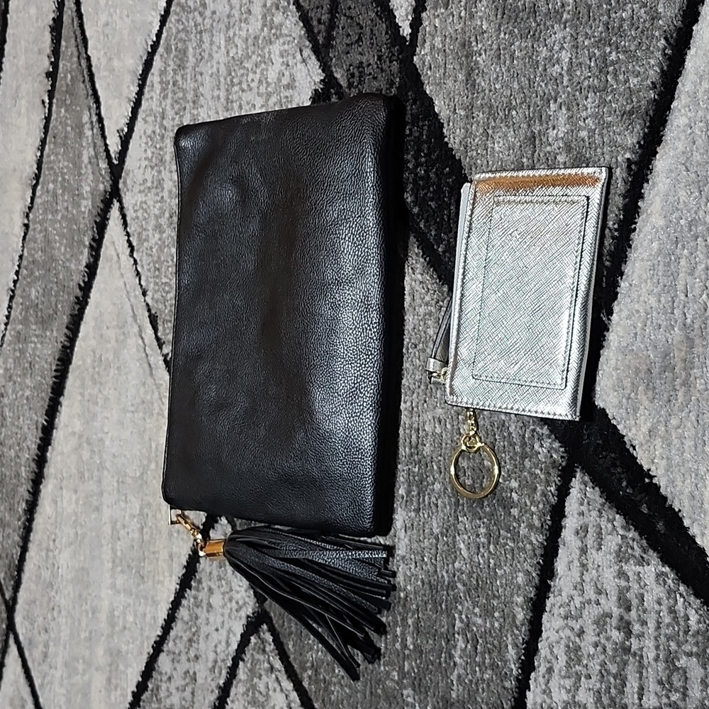 A NEW DAY BLK FAUX-LEATHER BAG & MERONA SILVER SHINE MINI KEYCHAIN CARD WALLET